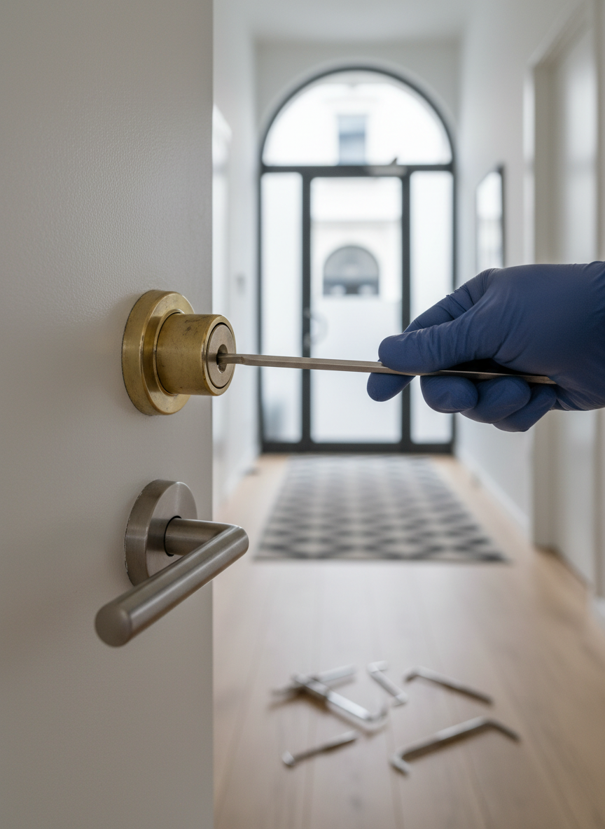 A close-up of a sturdy residential lock being carefully manipulated by a sleek, professional-grade lock-picking tool set arranged on a clean, light wooden floor. The door is painted in a modern white, with a brushed stainless-steel handle and a robust, slightly worn cylinder, suggesting everyday use. In the background, softly out of focus, a tidy hallway and a subtle glimpse of a Saarbrücken-style building entrance through frosted glass indicate a real-world setting. Cool, overcast daylight streams through, creating controlled reflections and a neutral, trustworthy mood. Photographic realism, shot from a slightly angled side view with shallow depth of field, emphasizing precision, transparency, and trustworthy emergency service.