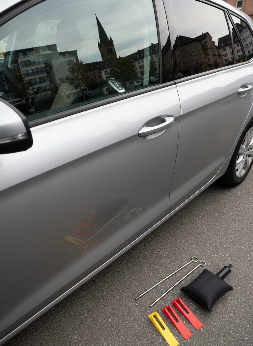 A detailed view of a modern car door in metallic silver, firmly closed, with the car key clearly visible locked inside on the driver’s seat. The glass window shows a crisp reflection of Saarbrücken city buildings and a distant church tower, slightly distorted by the curve of the glass. In the foreground, resting on clean asphalt, lies a neatly arranged professional KFZ-Notöffnung tool set with slim wedges and an inflatable air cushion, ready for use. Late afternoon overcast light creates a soft, neutral illumination with minimal glare, enhancing photographic realism. Shot from a low, three-quarter angle with moderate depth of field, the mood is calm but urgent, suggesting quick, non-destructive vehicle opening by experts.