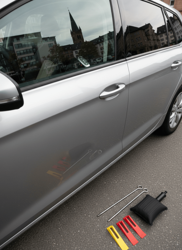 A detailed view of a modern car door in metallic silver, firmly closed, with the car key clearly visible locked inside on the driver’s seat. The glass window shows a crisp reflection of Saarbrücken city buildings and a distant church tower, slightly distorted by the curve of the glass. In the foreground, resting on clean asphalt, lies a neatly arranged professional KFZ-Notöffnung tool set with slim wedges and an inflatable air cushion, ready for use. Late afternoon overcast light creates a soft, neutral illumination with minimal glare, enhancing photographic realism. Shot from a low, three-quarter angle with moderate depth of field, the mood is calm but urgent, suggesting quick, non-destructive vehicle opening by experts.