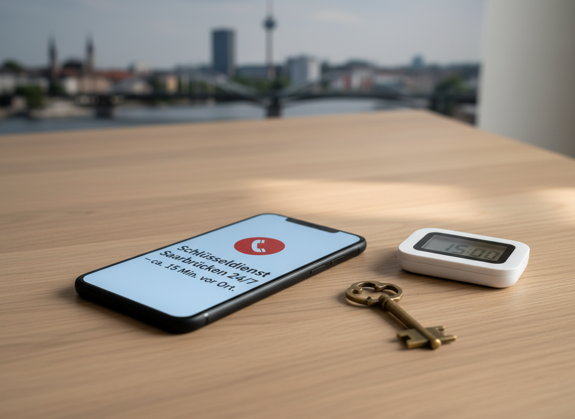 A minimalist, professional desktop scene featuring a large smartphone lying on a tidy, light oak surface, displaying a clear, blue-white screen with an emergency call interface and the text “Schlüsseldienst Saarbrücken 24/7 – ca. 15 Min. vor Ort.” Next to it rests a single brass house key and a modern, compact digital timer set to 15:00. The background is softly blurred, hinting at a subtle Saarbrücken skyline photo on the wall. Warm, soft indoor lighting creates gentle reflections on the phone screen and key, adding a welcoming, reliable mood. Photographic realism, shot from a slightly elevated angle, clean and modern composition emphasizing fast availability and professional service.