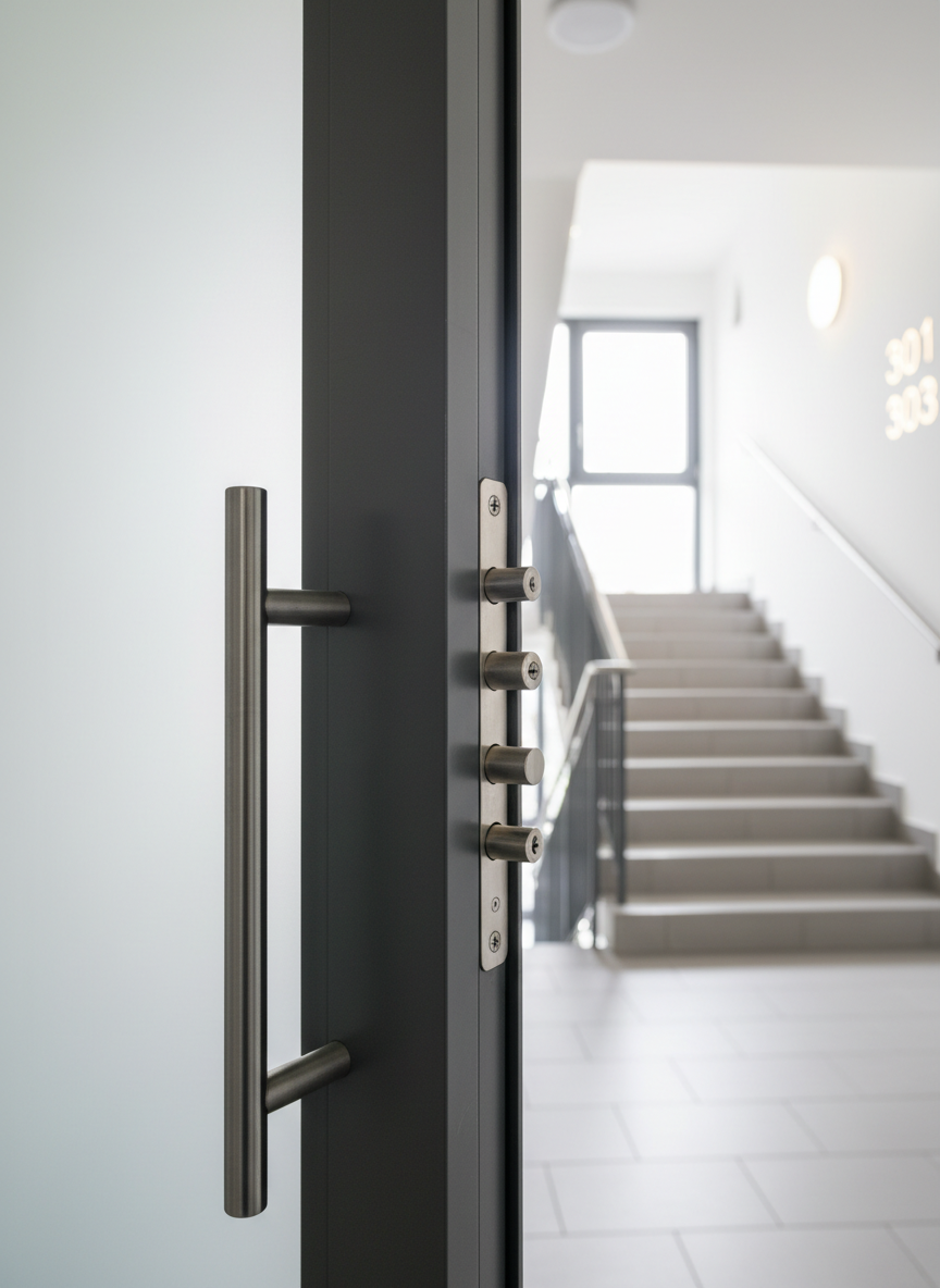A robust, multi-point locking system installed on a tall, modern entrance door of a Saarbrücken apartment building, captured with the door slightly ajar to reveal the locking bolts along the frame. The door combines matte charcoal gray metal with a vertical satin-glass insert, suggesting both security and style. In the blurred background, a well-lit stairwell, clean tiles, and clearly marked apartment numbers create a trustworthy environment. Neutral daylight from the stairwell windows illuminates the metal components with crisp reflections and precise detail. Photographic realism, eye-level composition with sharp focus across the lock mechanism, conveying competence in damage-free opening and high-security systems.