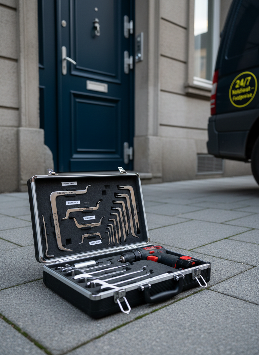 A compact emergency Schlüsseldienst toolkit, featuring labeled tension wrenches, picks, and a cordless drill, neatly organized inside an open, foam-lined aluminum case. The case rests on clean pavement next to a closed, reinforced apartment door in a Saarbrücken city building, its dark blue paint and heavy hinges hinting at high security. Nearby, a reflective yellow-black vehicle magnet reading “24/7 Notdienst – Festpreise” is attached to a dark van door, partially visible and slightly out of focus. Early evening city light mixes with a cool streetlamp, creating a balanced, realistic illumination with soft shadows. Photographic realism, slightly elevated angle, sharp focus on tools, conveying readiness, speed, and transparent pricing.